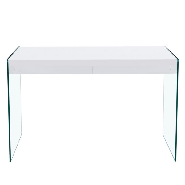 da41f44aa12e4b0bbf2f490115eb43f4_45ed6e0266a68ce0f3de6cff10f88990 Table and chair set.White MDF Coffee Table - Reinforced with Tempered Glass Legs.Paired with 4 Dark Gray high-quality PU chairs with silver metal legs.
