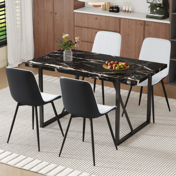 da49ac103f32438fb0492bb0207418c4_18f7cd774c6034e25261e337d0c9a2dd Table and chair set.Modern Black Marble Pattern MDF Dining Table Set - 55"x31.4" with 4 Extended Seat Cushion PU Dining Chairs.White and Black Splicing Colors Cushion.Iron Pipe Spraying Chair Legs.