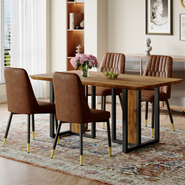 da4cdf6468424b85a126d3593c3194c2_132f661f499aa1504163fbce84ff9d18 Table and chair set.67"x36" Wood-Textured MDF Dining Table Set with 4 Brown Suede Chairs.MDF sticker,Wood colored texture sticker,Brown armless dining chair,Suitable for kitchen,Dining room,etc.