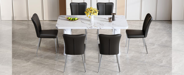 da7c862623c049288a534871fb94f9ab_c6e67e338cc2abbebb2062a3c484994e Table and chair set.64.5x35.4 Inch Stylish White Marble Textured Dining Table.Paried With 6 Black PU Chairs with a vertical stripe design on the backrest.Create Your Exclusive Low-Key Luxury Space.