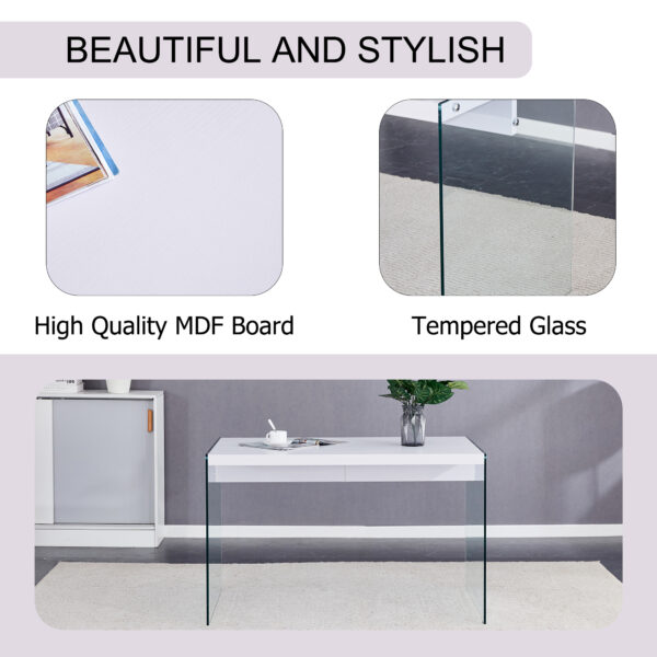 da9154c02fd9463a8c81f8a7fadef957_a218f093c86482a369ccac079246d3a5 Table and chair set.White MDF Coffee Table - Reinforced with Tempered Glass Legs.Paired with 4 Dark Gray high-quality PU chairs with silver metal legs.