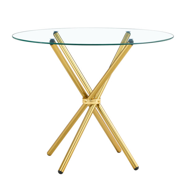 daa43e85e2794616829f988484dc35f8_5534450643ac503ebbe68eea0c4247c9 Round clear glass dining table with a unique shape for 4-6 people, with ring-shaped gathered gold metal legs, suitable for desks, kitchens, terraces, dining rooms.