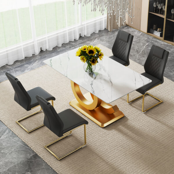 daaac7fe5bf7425ab3ca38393684a919_1db57299b88294849ef27629e62e56c1 Table and chair set.Subtle Luxury Tempered Glass Dining Set - 63"x35.4" with 4 Black PU Chairs with golden C-tube metal leg.Arched Metal Gold Leg.White imitation marble texture sticker Tabletop.
