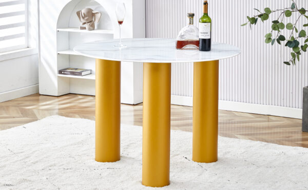 Round white dining table, artificial marble glass stickers, golden MDF legs, kitchen dining table, living room dining table 40 "* 40" * 29.4 "F-X03