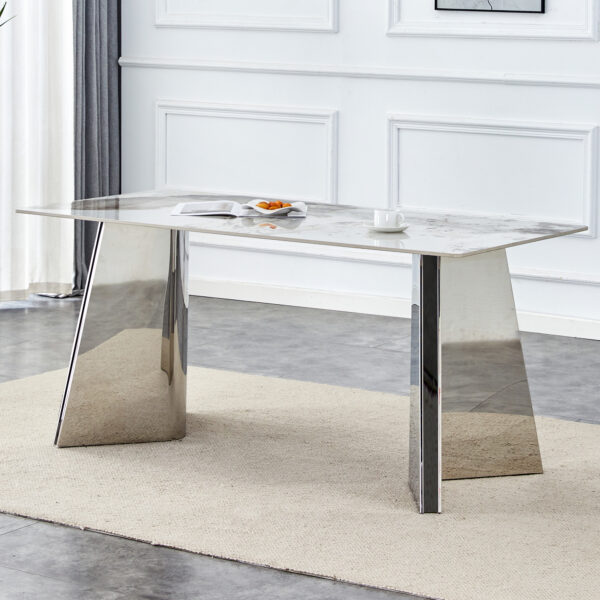dab39ec5bee045a3839b8cc13854aeb4_58cd4332abd7f2ac55043c53f06e8d6a 63"x31.5x30" Pandora Patterned Rock Slab Dining Table with Silver Stainless Steel Butterfly Legs.The tabletop is designed to be scratch and heat resistant.Slabs Tabletop,Stainless Steels Legs.