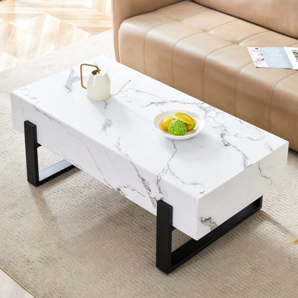 dabeee2a696246dcb49fa79195d41e44_46ed0ef15506008270be6c89e28969f8 47.2"x23.6" Black and White Minimalist MDF Marble-Patterned Coffee Table.White marble pattern sticker,Black metal leg spray coating,MDF Coffee table.Showcasing a modern and simple style.