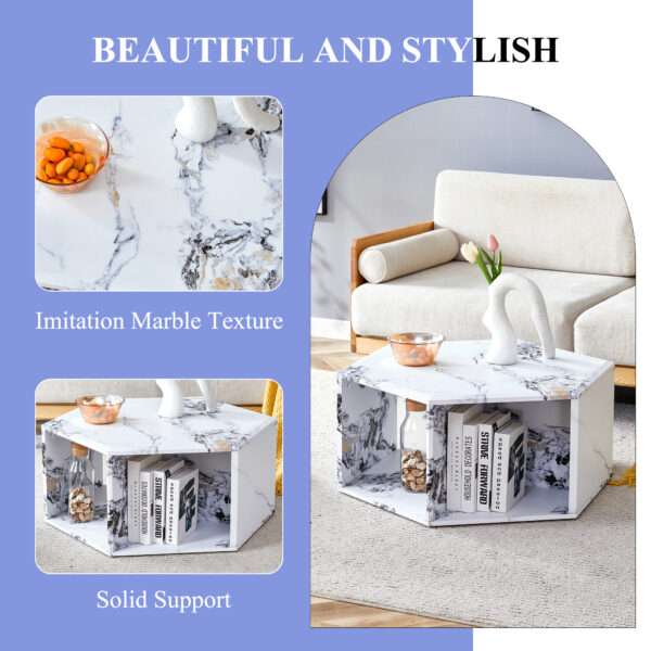 dad238b59814498d91a5c2c302f97933_5d4129455a5dd7c092430bc43eeabb04 Minimalist white patterns hexagonal Coffee Table Set.Hexagonal MDF coffee table, characteristic pattern stickers, multi-hole design to give more storage space.Two coffee tables of different sizes.