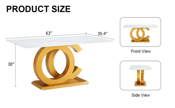 A large modern minimalist rectangular dining table suitable for 6-8 people, equipped with gold MDF OC shaped brackets and aureate base, suitable for kitchen, living room, dining room F-OC