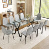 Table and chair set.79"x31.5" with X-shaped Black Metal Table Legs,Wood Grain Textured MDF Crossbeam.Paired With 10 Chairs Made Of Light Gray Lnen Fabric.Iron pipe spraying Legs.