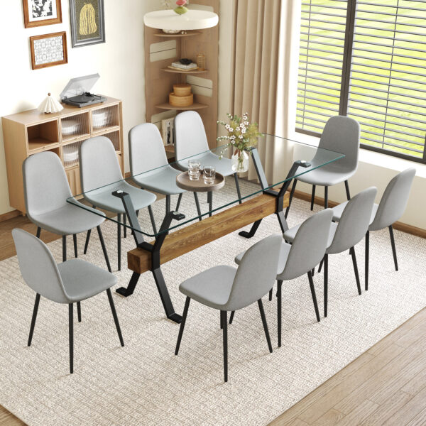 db06ffd88afc4a0e9416b6bc73b777e1_ba16171f328aeedc083abfa300f31557 Table and chair set.79"x31.5" with X-shaped Black Metal Table Legs,Wood Grain Textured MDF Crossbeam.Paired With 10 Chairs Made Of Light Gray Lnen Fabric.Iron pipe spraying Legs.
