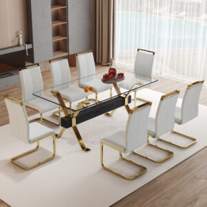 Table and chair set.Elegant Transparent Tempered Glass Dining Set - 71"x35.4" with 8 Light Gray PU Chairs with golden C-tube metal leg.X-shaped Golden Metal Table Legs,Black Textured MDF Crossbeam.