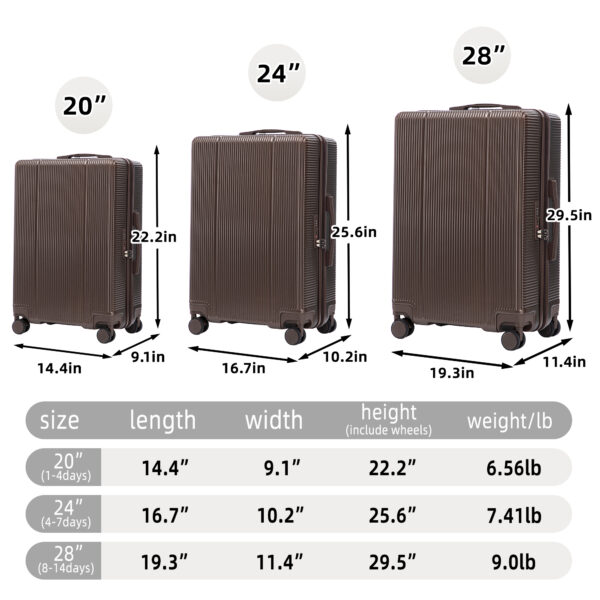 20"/24"/28" 3 pcs/set in ABS Spinner Wheel Luggage, Carry on Suitcase, Matching Color, TSA Combination Lock (Brown)