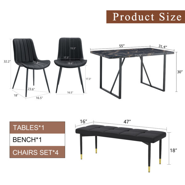 Table and chair set.Modern Black Marble Pattern MDF Dining Table Set - 55"x31.4" with 4 Extended Seat Cushion PU Dining Chairs and 1 Bench,A Choice of Subtle Luxury for Modern Homes.