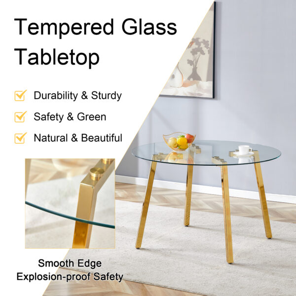 db31dd93f95e4cff9cf75bd5dd39b925_4b623202632179d67b2ea5a4d7f0b779 Modern Luxurious Round Tempered Glass Dining Table with Gold 7-Shaped Metal Legs,suitable for family meals, office conferences, or as a casual coffee table for various occasions.47.3*47.3*29.5