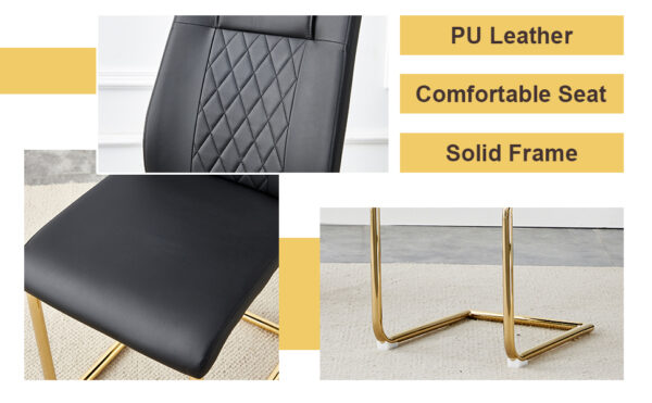 db3a7bcf819d471d9a5103719dbc17c2_d0e7301c327216ef4ebd001c871427f1 Table and chair set.63"x31.5x30" Luxurious Cold Jade Patterned Sintered Stone Dining Table with Golden Stainless Steel Butterfly Legs.Paried With 4 Black High-quality PU Chairs With Arched Metal Legs.