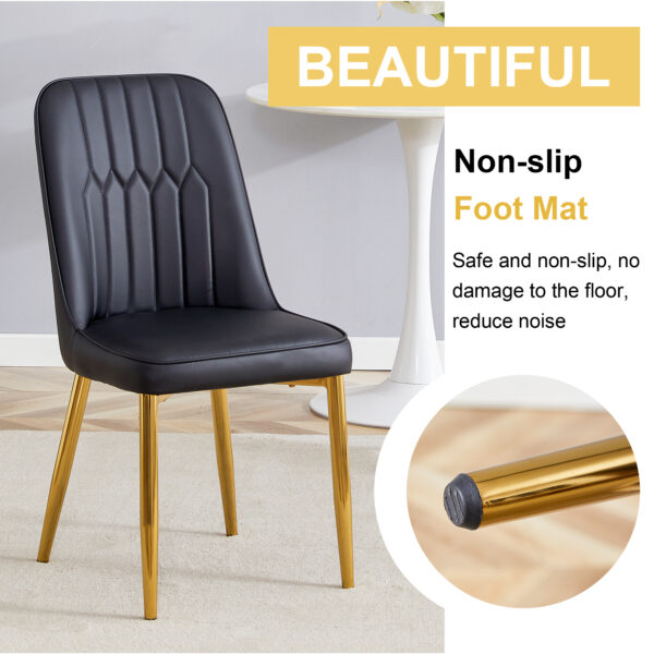 db42e458c8ea491b8c03275bba98cb36_1057d034e6fe8a1419434a4141835b86 Table and chair set.63"x31.5x30" Luxurious Pandora patterned Sintered Stone Tabletop with Golden Stainless Steel Butterfly Legs.Paried With 4 Black PU Chairs with Simple Line Designs On The Backrest.