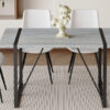 Table and chair set. Modern minimalist grey marble textured MDF dining table with metal frame. Comes with chairs with 4 PU cushions and black metal legs.