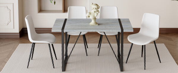 db45708c094d410287ecdde36e6a9fec_67c98592c545f5ba8e4d9ffd0c9ac5ed Table and chair set. Modern minimalist grey marble textured MDF dining table with metal frame. Comes with chairs with 4 PU cushions and black metal legs.