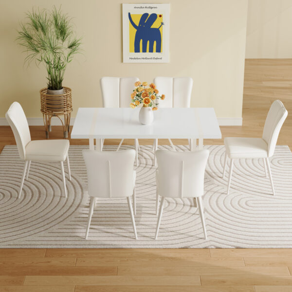 db5dc921594c4d4480dc5cd3f658dd5b_0d54038cd5463261f317cc035c8f349d 55"x31.5"Cream-Style White MDF Dining Table Set with 6 Armless Chairs.MDF Tabletop and metal legs.The backrest of the dining chair has a vertical line design.Adding a warm atmosphere to your family.