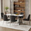 Table and chair set.63"x31.5x30" Luxurious Snow Mountain Patterned Sintered Stone Table with Silver Metal Butterfly Legs.Paired With 6 Black Chairs With Silver Metal Legs.Modern Light Luxury.