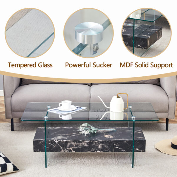 db73a5c379f54b198128ead89326c60b_536b032c332cd81242db1719f296494f 43.3 Inch Modern Two-Tier Coffee Table - Clear Tempered Glass and Black Marble Texture, Multifunctional Storage Design.The bottom tier includes a drawer.Can be used as a coffee table,side table,etc.