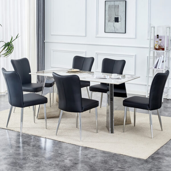 db8ba433312a47fd93d1114905cbacc2_05aa06986579b97e2fe70bdf208362b6 Table and chair set.63"x31.5x30" Luxurious Pandora patterned Sintered Stone Tabletop with Silver Stainless Steel Legs.Paried With 6 Black PU Chairs with a vertical stripe design on the backrest.