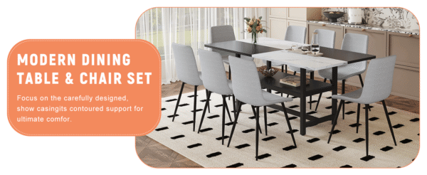 Table and chair set.71*35.4 inch White And Black Spliced Dining Table With Storage Function In The Middle Of The Table Legs.Paired With 8 Light Gray Linen Dining Chairs With Curved Widened Cushion.