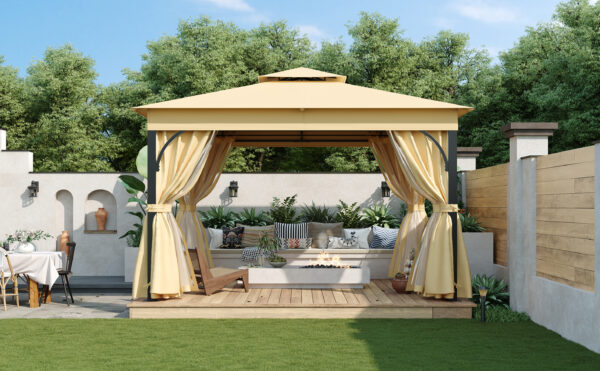TREXM 10x12 Outdoor Gazebo Tent with Double Roofs, Patio Gazebo with Mosquito Netting and Privacy Screens, Patio Canopy for Shade and Rain for Backyard, Garden, Lawn and Deck (Beige)