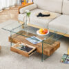 43.3 Inch Modern Two-Tier Coffee Table - Clear Tempered Glass and Natural Wood Grain, Multifunctional Storage Design.The bottom tier includes a drawer.Can be used as a coffee table,side table,etc.