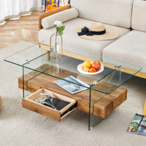 43.3 Inch Modern Two-Tier Coffee Table - Clear Tempered Glass and Natural Wood Grain, Multifunctional Storage Design.The bottom tier includes a drawer.Can be used as a coffee table,side table,etc.