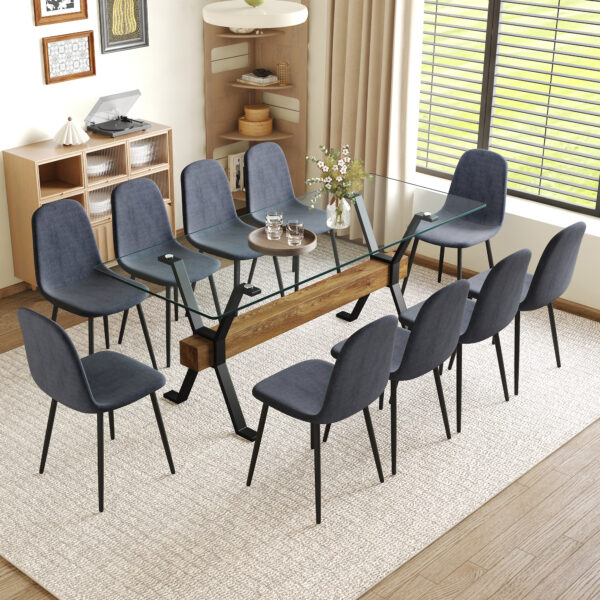 dbce247ad8f84fef9fb18a1cb080569e_a92eec573fe1565160651ab93a561f3f Table and chair set.79"x31.5" with X-shaped Black Metal Table Legs,Wood Grain Textured MDF Crossbeam.Paired With 10 Chairs Made Of Dark Gray Lnen Fabric.Iron pipe spraying Legs.