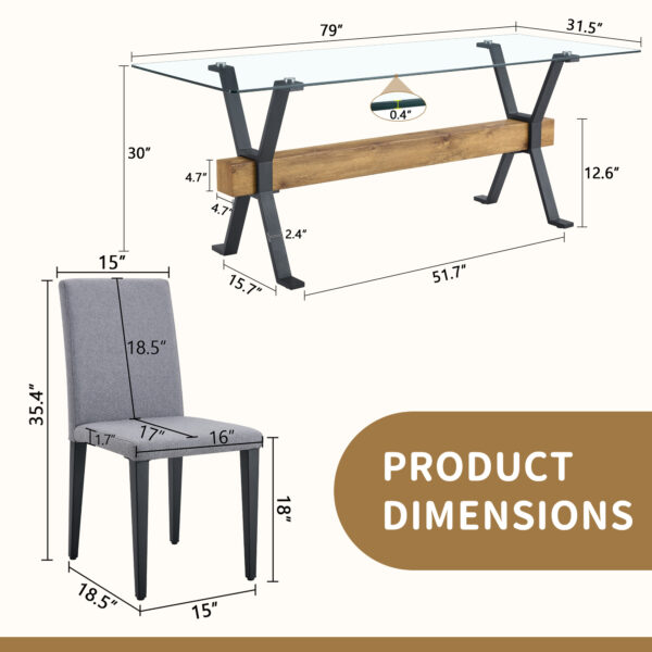 dc0292f57ab94a67b39b28ad8fc6edb9_13fc98ef988549612c191dd6c3a80b0d Table and chair set.79"x31.5" Inch Tempered Glass Tabletop With X-shaped Black Metal Table Legs,Wood Grain Textured MDF Crossbeam.Paired With 8 Light Gray Linen-Cotton Dining Chairs.
