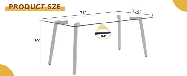 dc065d2d1e3c4b5e93c0755d64eb208e_1bf200be142980b114f277ce4c344041 71 * 35.4 inch rectangular dining table. The transparent tempered glass tabletop is paired with silver 7-shaped metal table legs, showcasing a minimalist texture. Suitable for various places.