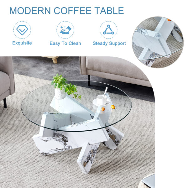 dc0924220fc44d3da1eabf62f27621a4_b1212c91b259b7b48faf9b857dfa48d9 Round glass coffee table, 33.4 "modern design unique coffee table. Tempered glass countertop with white patterned MDF legs. Suitable for living and dining rooms