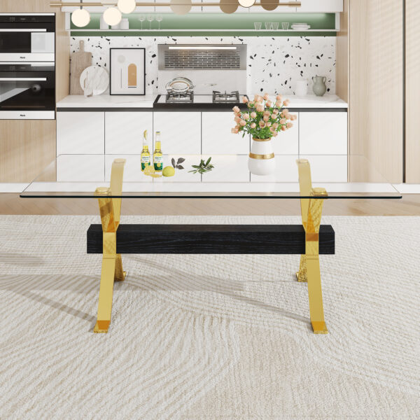 dc27090e88b843e3844577422c9be678_f1d4647e12bab5b0922e38ba3f65cb15 Dining table. Modern tempered glass dining table. Large modern office desk with gold metal legs and MDF crossbars, suitable for home and office use. Kitchen .71 ''x35.4''x30 '' 1105