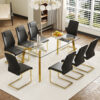 Table and chair set.71 * 35.4 inch rectangular dining table.Tempered Glass Tabletop,Golden 7-shaped Metal Table Legs.Paried With 8 Black High-quality PU Chairs With Arched Metal Legs.W1151S03301