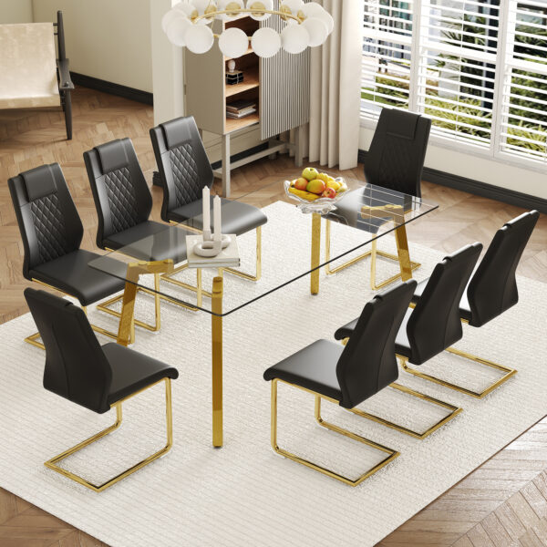 dc2f35b50e014c0da2bbd38db6e36bd7_5c06c04a1cc6381eb0885b5c45cdede3 Table and chair set.71 * 35.4 inch rectangular dining table.Tempered Glass Tabletop,Golden 7-shaped Metal Table Legs.Paried With 8 Black High-quality PU Chairs With Arched Metal Legs.W1151S03301