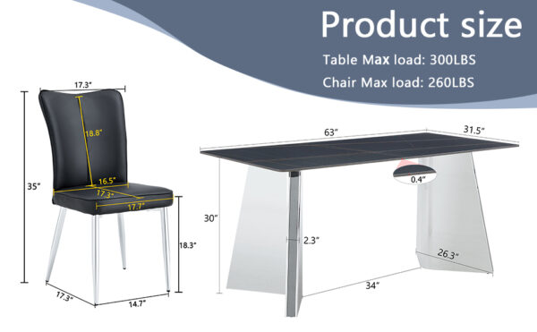dc2f9d0d70aa49a1b977c0f2ecd9a0da_36cbc2ec62f1ce517abfd546e5855e33 Table and chair set.63"x31.5x30" Black Marble-Patterned Slabs Tabletop with Stainless Steel Butterfly Legs.Paired with 6 Black PU dining chairs with a vertical stripe design on the backrest.
