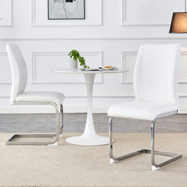 dc4a8ee82edc41fc98e7ba8f91f54c0b_45a511ddbdb25730ec45980b21087393 Luxury Simple Arch Chair - Set of 2 White PU Material High Resilience Dining Chair with Arched Metal Silver Leg.