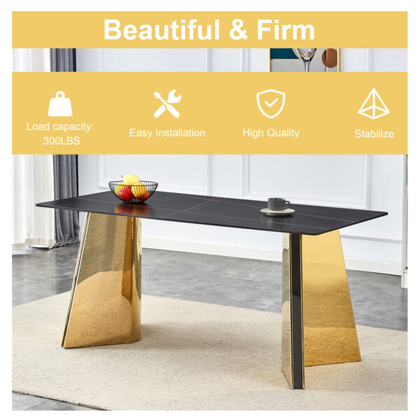 dc509c4182254fc4b32e43c7987cf91e_eafd6e79edc56240f406c150b9536ae7 63"x31.5x30" Black Marble-Patterned Slab Dining Table with Golden Stainless Steel Butterfly Legs.The tabletop is designed to be scratch and heat resistant.Slabs Tabletop,Golden Stainless Steels Legs.