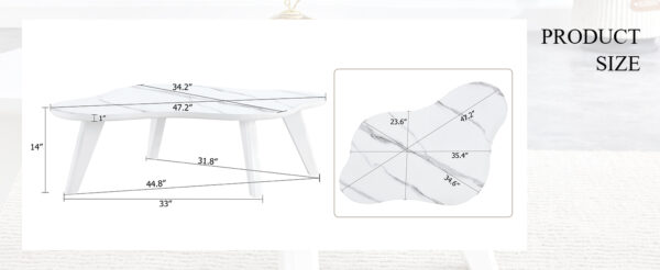 dc8a1521c0bb44e68a2d6bba6cc76f8c_16bd57f576888c8793452e5aaefd67c5 Modern minimalist white imitation marble tabletop coffee table. Solid wood spray painted desk legs, cloud shape to give you a new experience, computer desk. Suitable for dining and living rooms.