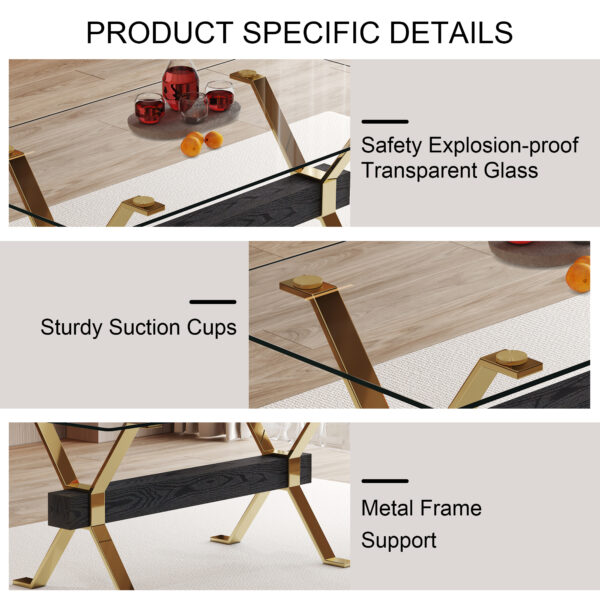 dc8c3e89880f4ff190a7cdacd7cb7c30_1a94c7700519aec5988037c4b5e212ea Table and chair set.Elegant Transparent Tempered Glass Dining Set - 71"x35.4" with 8 Light Gray PU Chairs with golden C-tube metal leg.X-shaped Golden Metal Table Legs,Black Textured MDF Crossbeam.