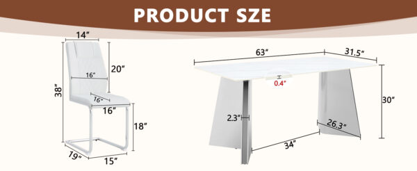 dc930b77f94a47d7aba61240036f5f6c_10ecca0dd591e97cde2e447bf8be02f8 Table and chair set.63"x31.5x30" Luxurious Snow Mountain Patterned Sintered Stone Table with Silver Stainless Steel Butterfly Legs.Paried With 6 White High-quality PU Chairs With Arched Metal Legs.