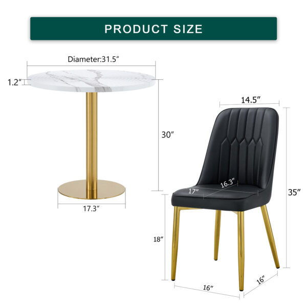 dc93df9085134e818b8595c87676c711_244bfeaa74a78f31765239c09f5401ec Table and chair set.31.5 Inch Elegant White Marble Pattern Round Dining Table - Suction Molding Annular Texture.Paired With 4 Black PU Chairs with Simple Line Designs On The Backrest.