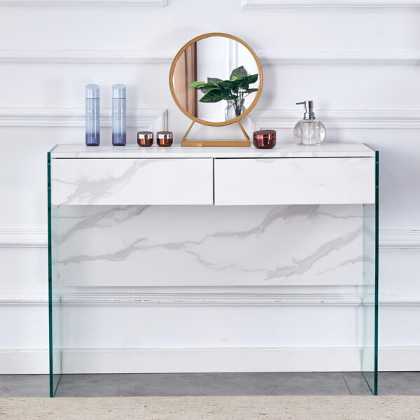 White environmental protection MDF minimalist dresser, desk, desktop computer desk, with double drawer storage space, simple home, perfect for various styles of home environment.