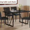 Table and chair set.Modern Black Marble Pattern MDF Dining Set - 55"x31.4"with 4 Black PU chairs with a vertical stripe design on the backrest and black metal legs.Suitable for kitchen,Dining room,etc