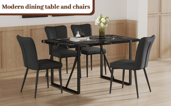 dcc6ddb94fd941e0a3f2a49cc28a6bd9_a0b731faf1b368e53f96c67302b62b53 Table and chair set.Modern Black Marble Pattern MDF Dining Set - 55"x31.4"with 4 Black PU chairs with a vertical stripe design on the backrest and black metal legs.Suitable for kitchen,Dining room,etc