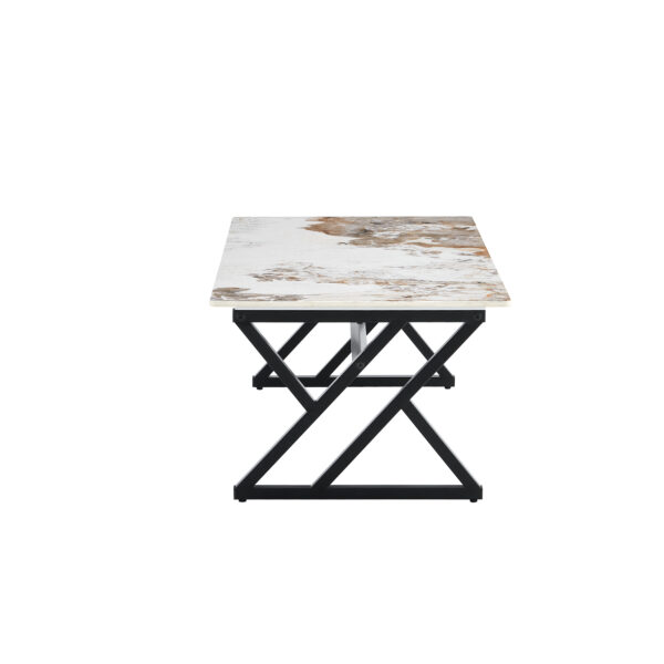 dce74f54c61d4643a00cd8e4e016acb8_c95267df14ee282e995d804da522bc76 A coffee table is made of rock slab material, with a natural and smooth marble pattern on the surface, which complements the modern design of the black metal legs and adds a touch of fashion.47*23.6