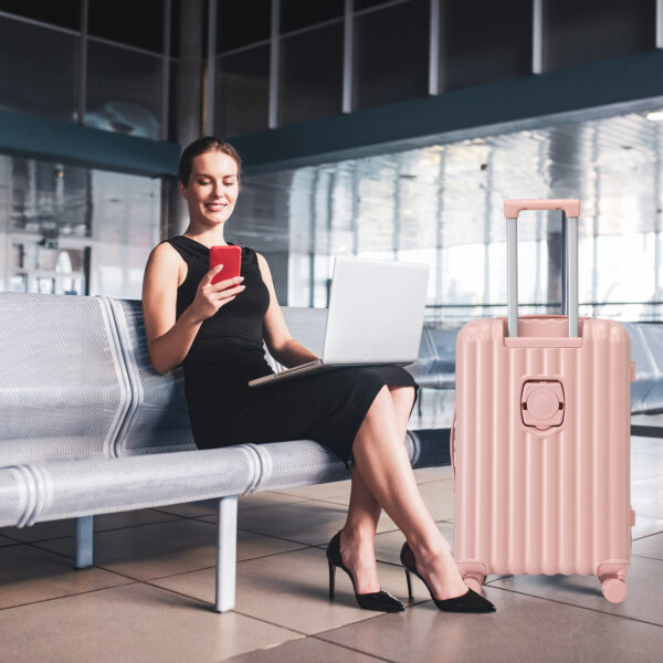 20"/24"/28" 3 pcs/set in ABS Spinner Wheel Luggage, Carry on Suitcase, with Cup Holder & USB Port & Phone Holder (Pink)