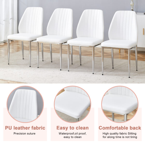 dd182c86110545ee9b8d13f58408f130_818a66849a93c2a413cc62f0436675ae Set of Eight White PU Comfort Dining Chairs (17.7"x25").Dining chair with extended backrest,WHITE PU,Silver metal legs,Suitable for various places such as family restaurants, hotels, coffee shops,etc.